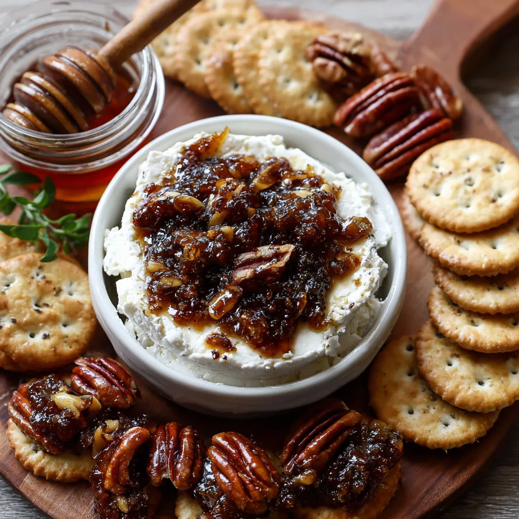 A bowl of goat cheese appetizer spread with fig jam and pecans.