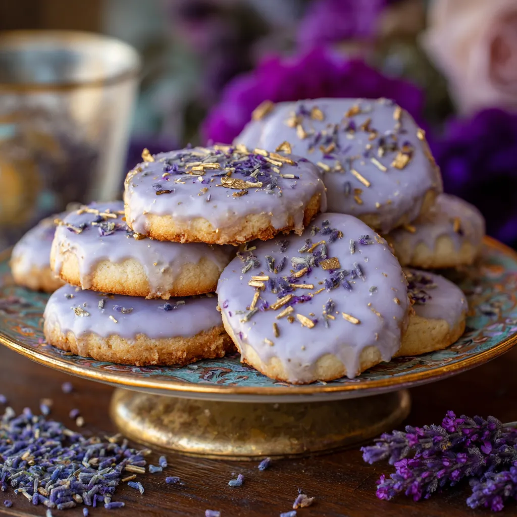 A stack of lavender cookies on a plate.