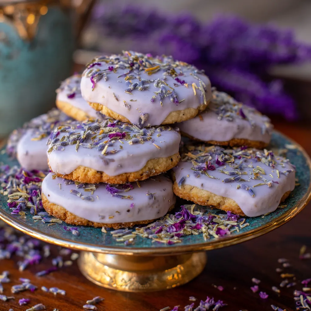 A stack of lavender cookies on a plate.