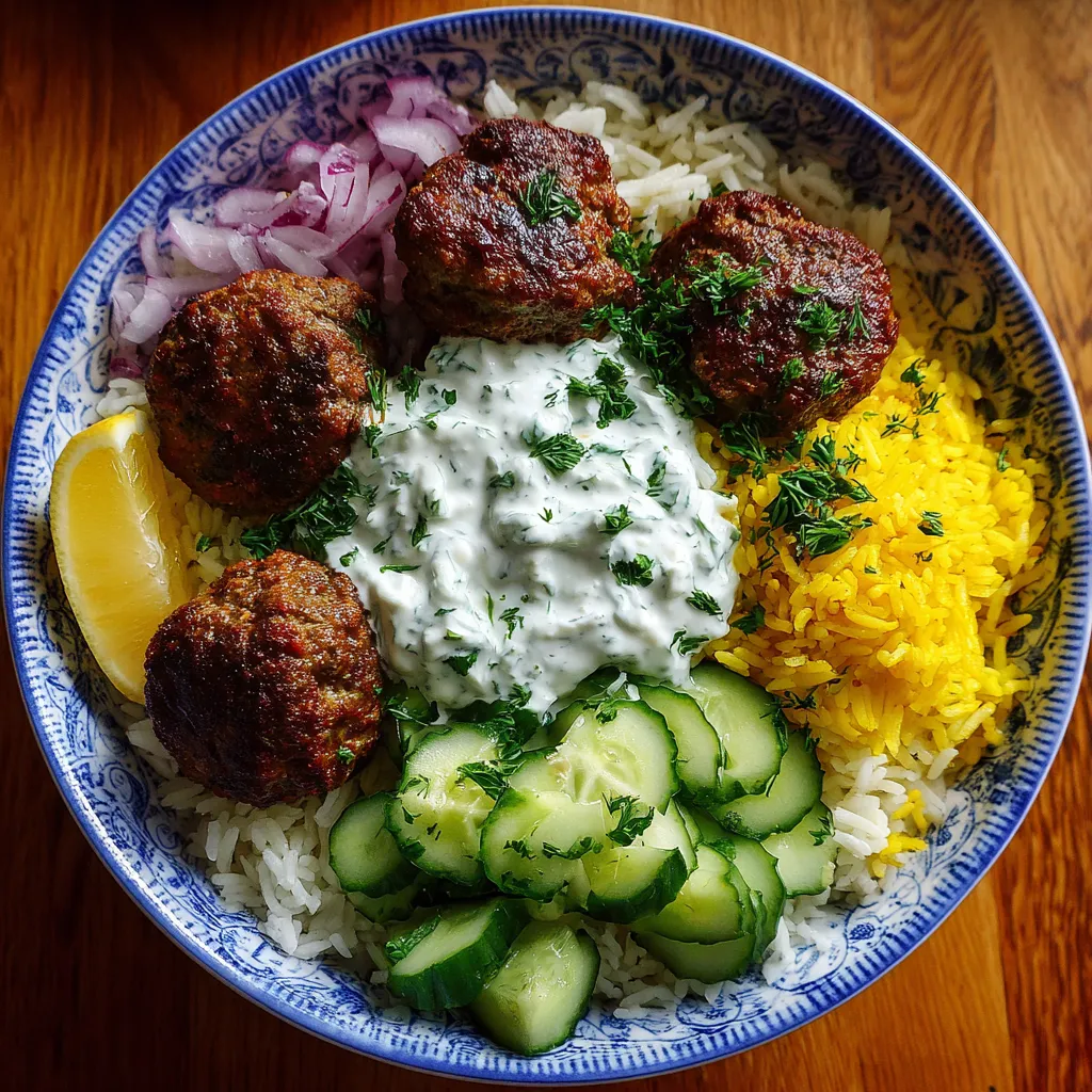 A bowl of food with meatballs, rice, cucumber salad, and lemon.