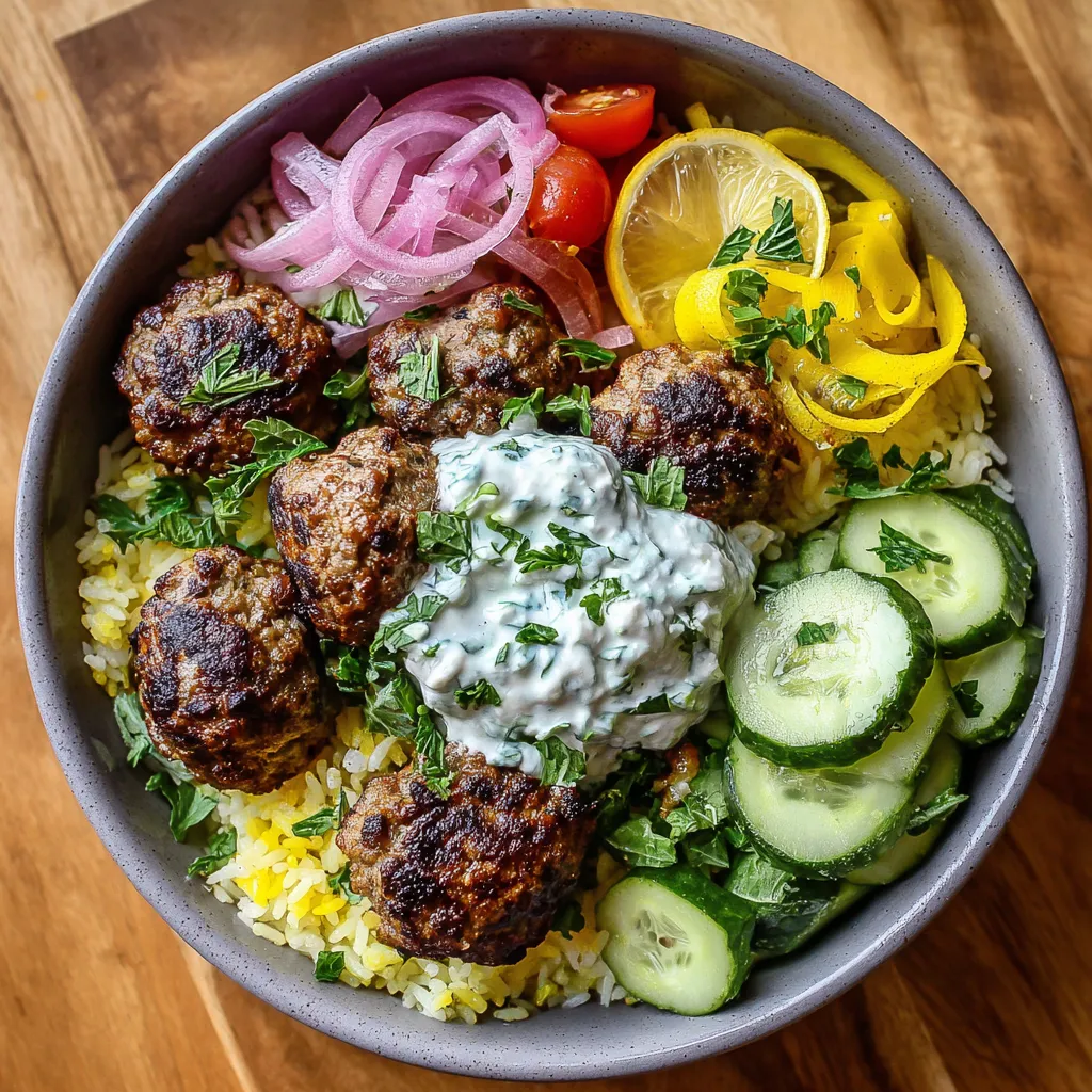 A bowl of meatballs with rice and cucumber salad.