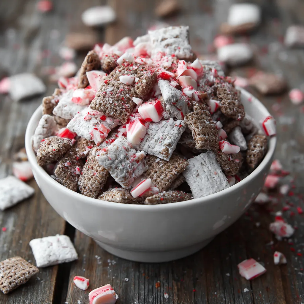 A bowl of Peppermint Bark Muddy Buddies.