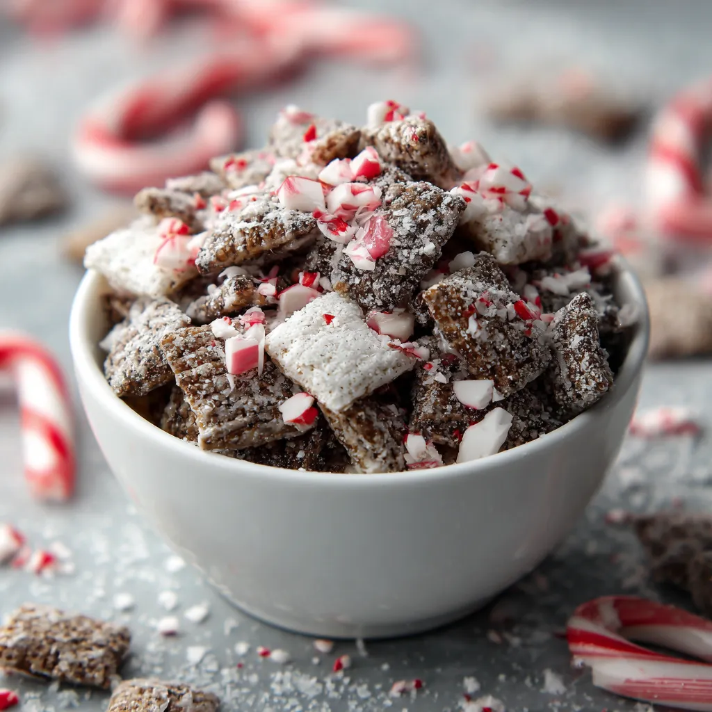 A bowl of Peppermint Bark Muddy Buddies.