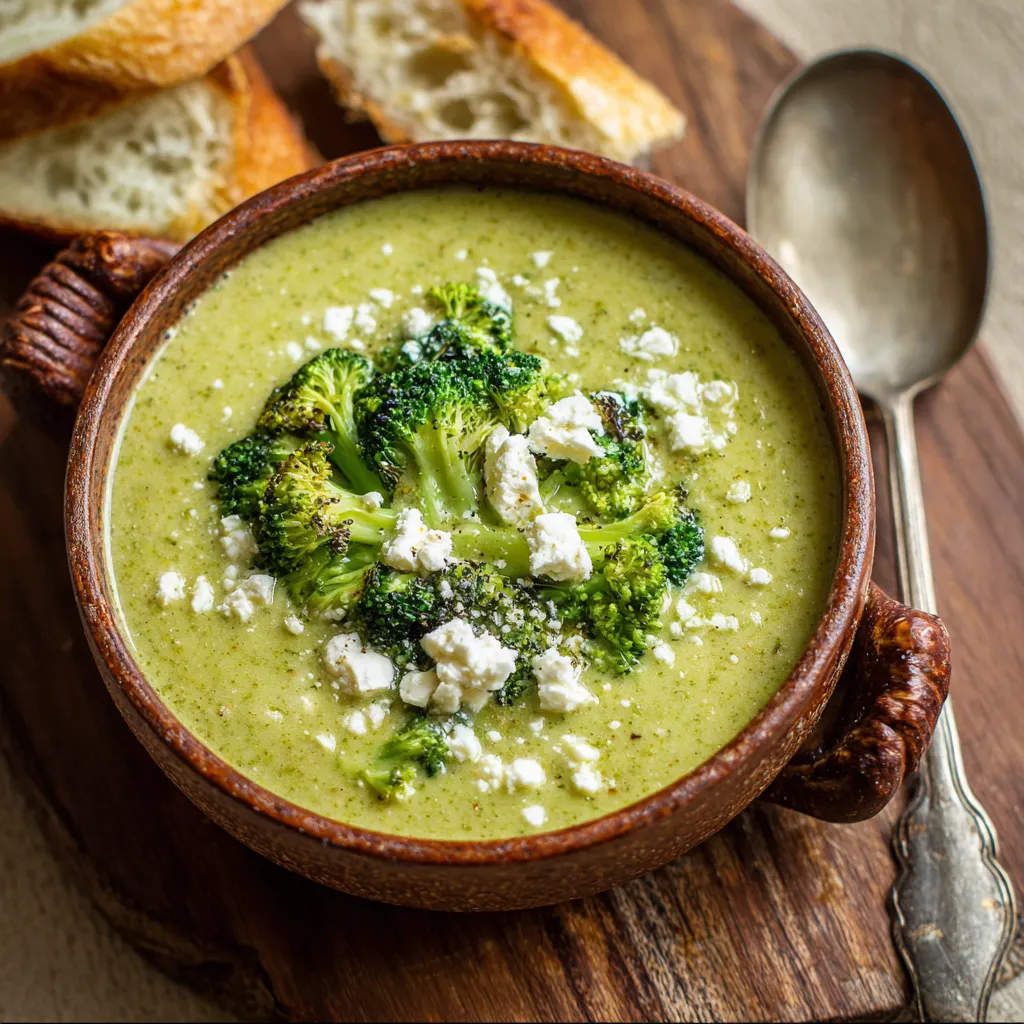 A bowl of soup with broccoli and feta cheese.