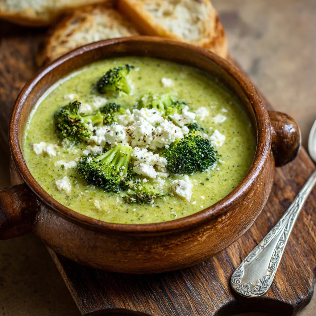 A bowl of broccoli feta soup.