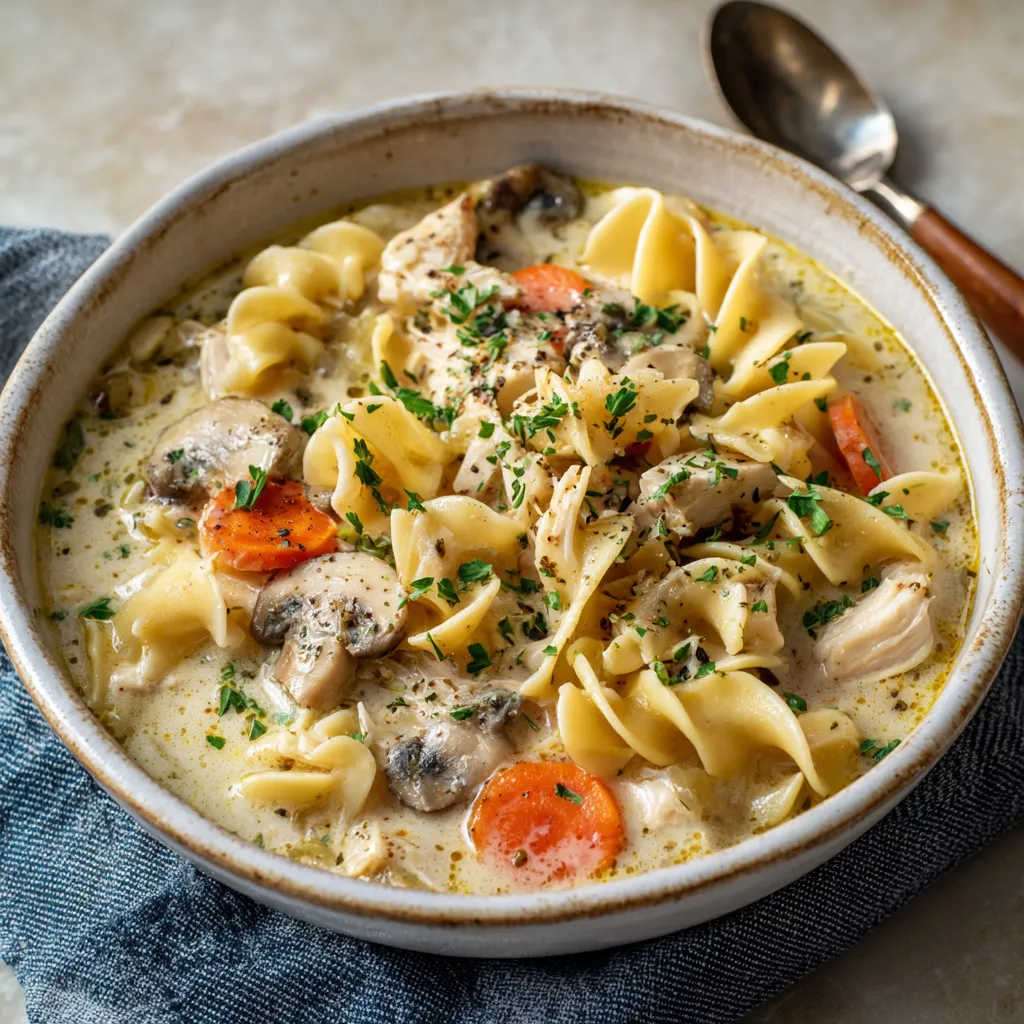 A bowl of creamy chicken noodle soup.