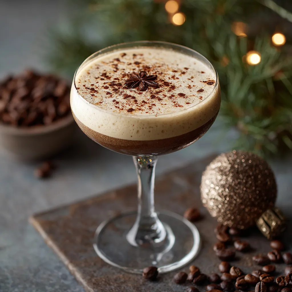 A glass of eggnog espresso martini with rum.