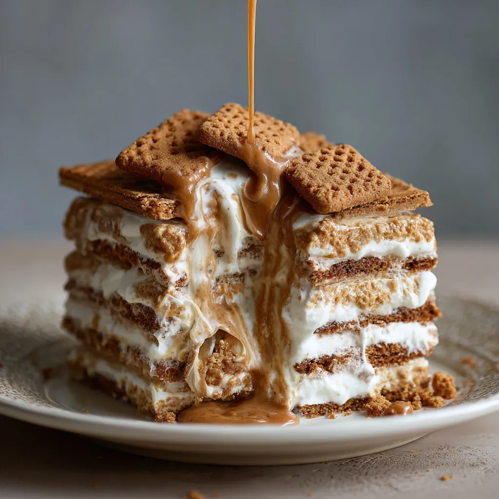 A stack of cookies with caramel drizzled on top.