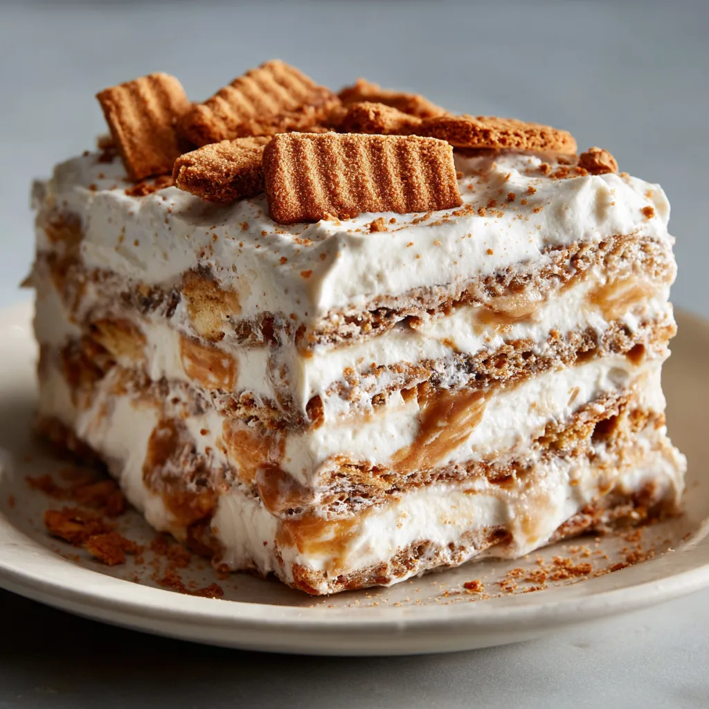 A slice of a no-bake cookie butter icebox cake.