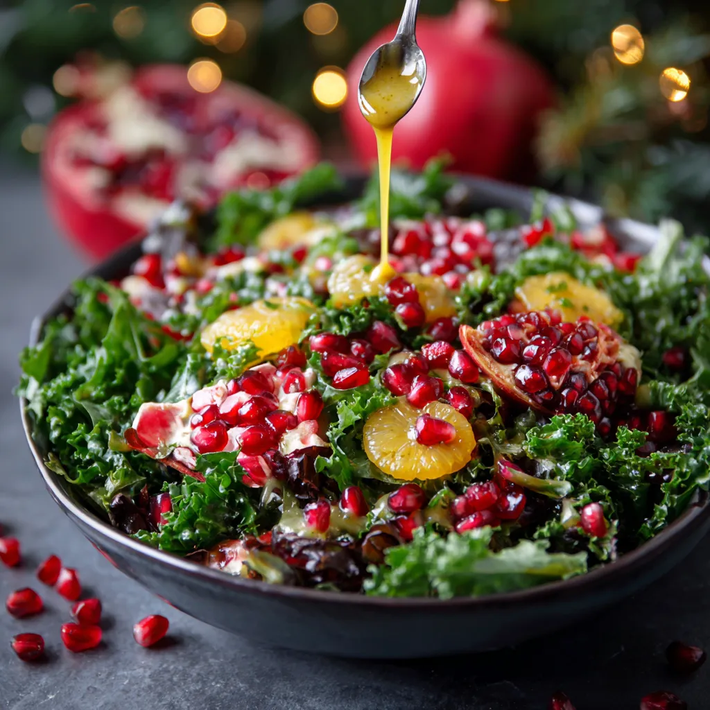 A bowl of salad with pomegranate seeds and a spoon in it.
