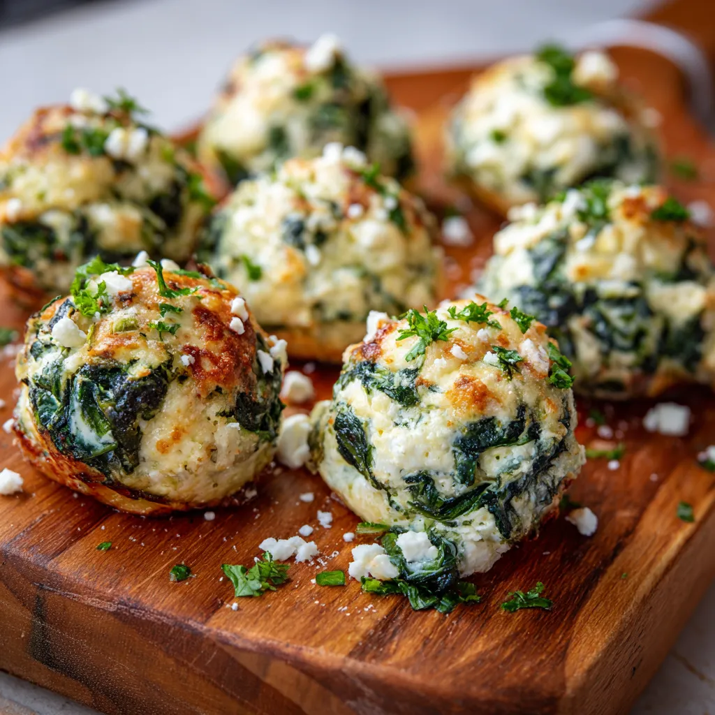 Spinach Ricotta Bites on a wooden cutting board.
