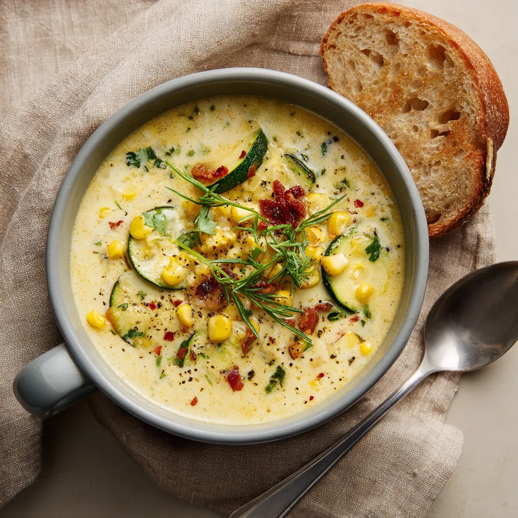 A bowl of corn and zucchini chowder.