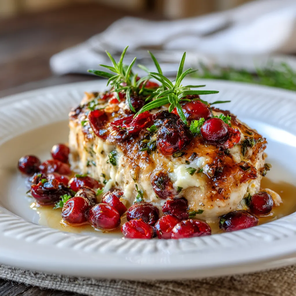 A plate of food with a cranberry sauce and cheese on top.