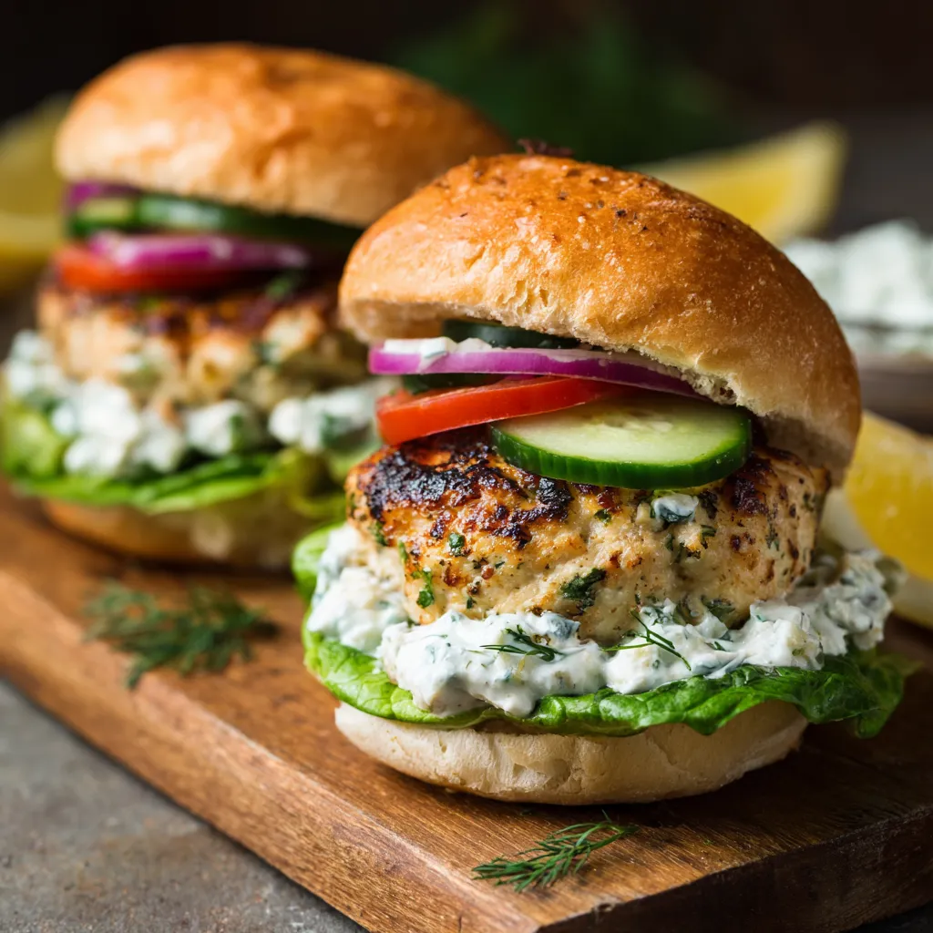 Two Greek chicken burgers with tzatziki sauce.