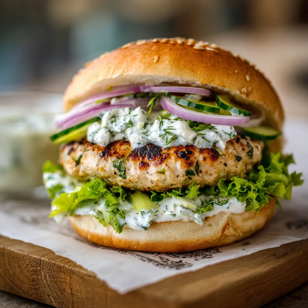 A Greek chicken burger with tzatziki sauce.