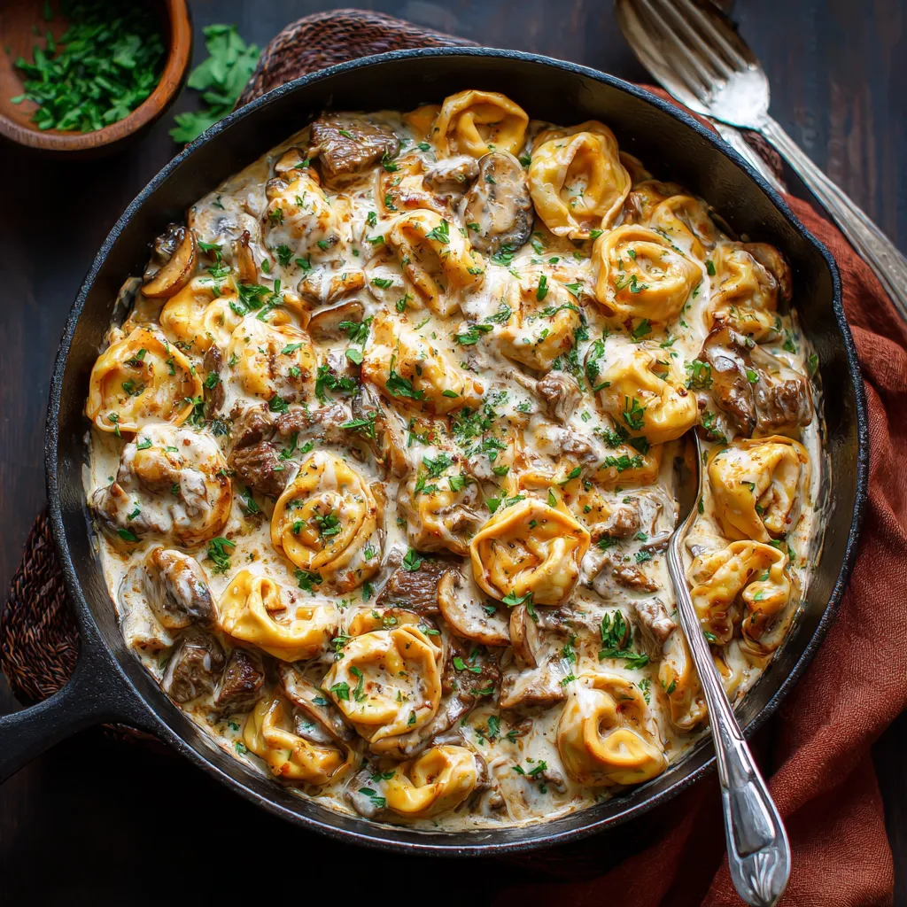 A skillet filled with beef stroganoff tortellini in a creamy sauce.
