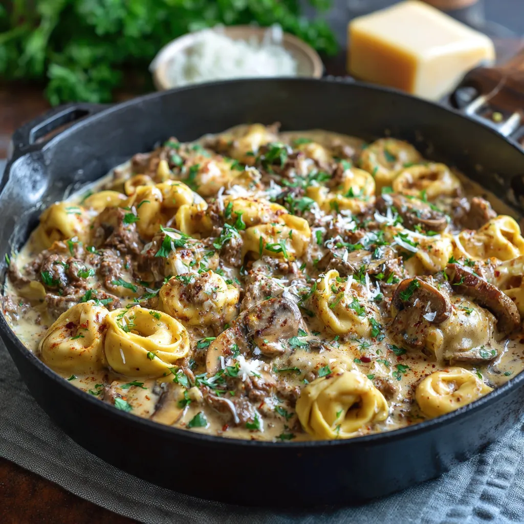 A skillet filled with beef stroganoff tortellini in a creamy sauce.