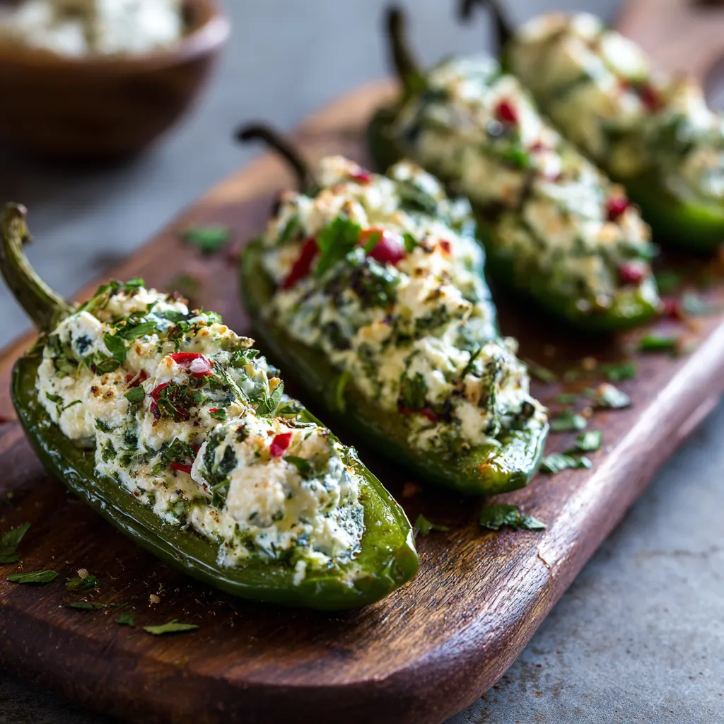 A wooden platter with four stuffed peperoncini.
