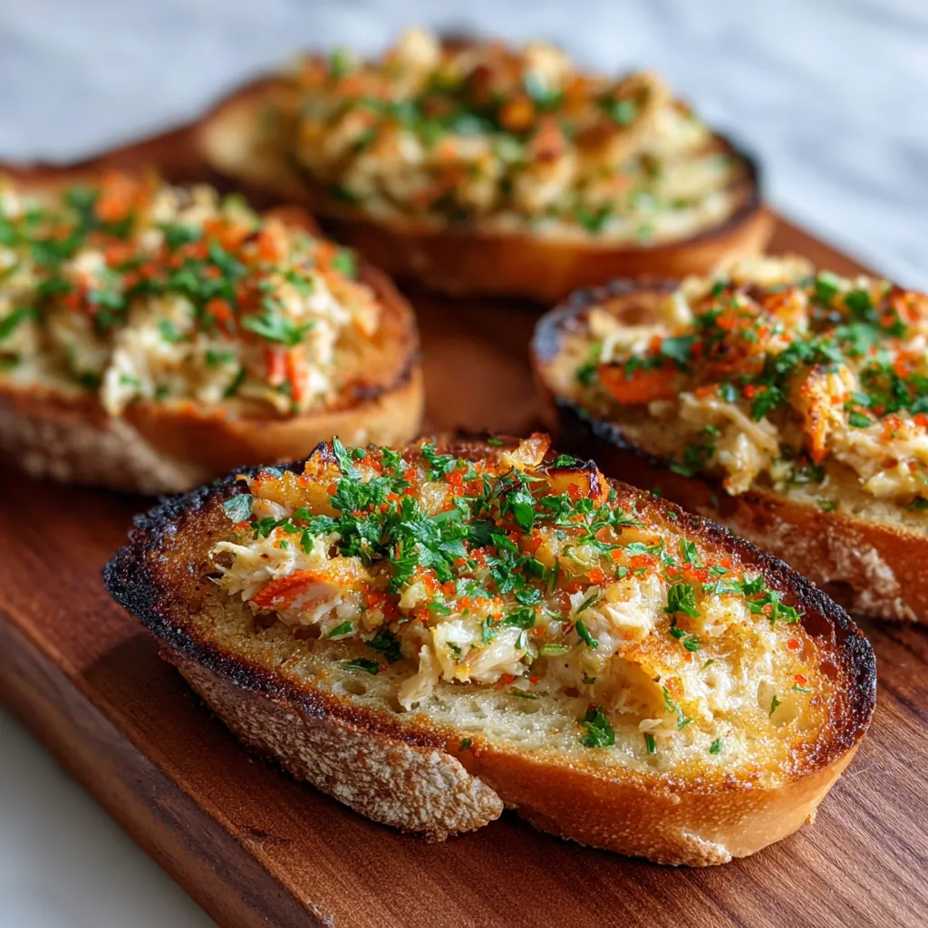 Garlic butter crab toasts on a wooden cutting board.
