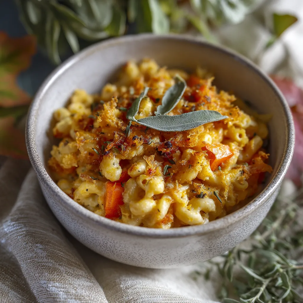 A bowl of mac and cheese with vegetables.