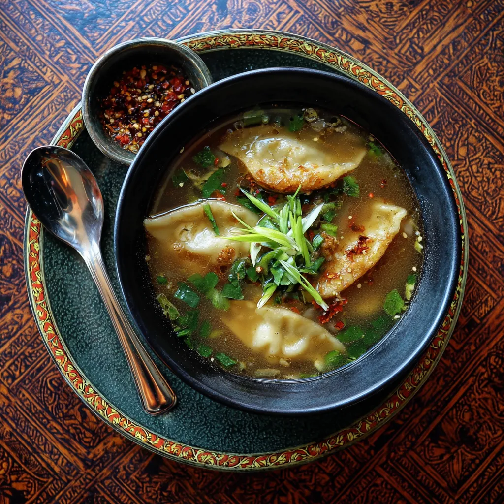 A bowl of soup with a spoon in it.
