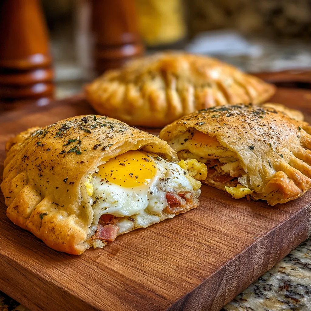 Two sourdough discard breakfast pockets with eggs and bacon.