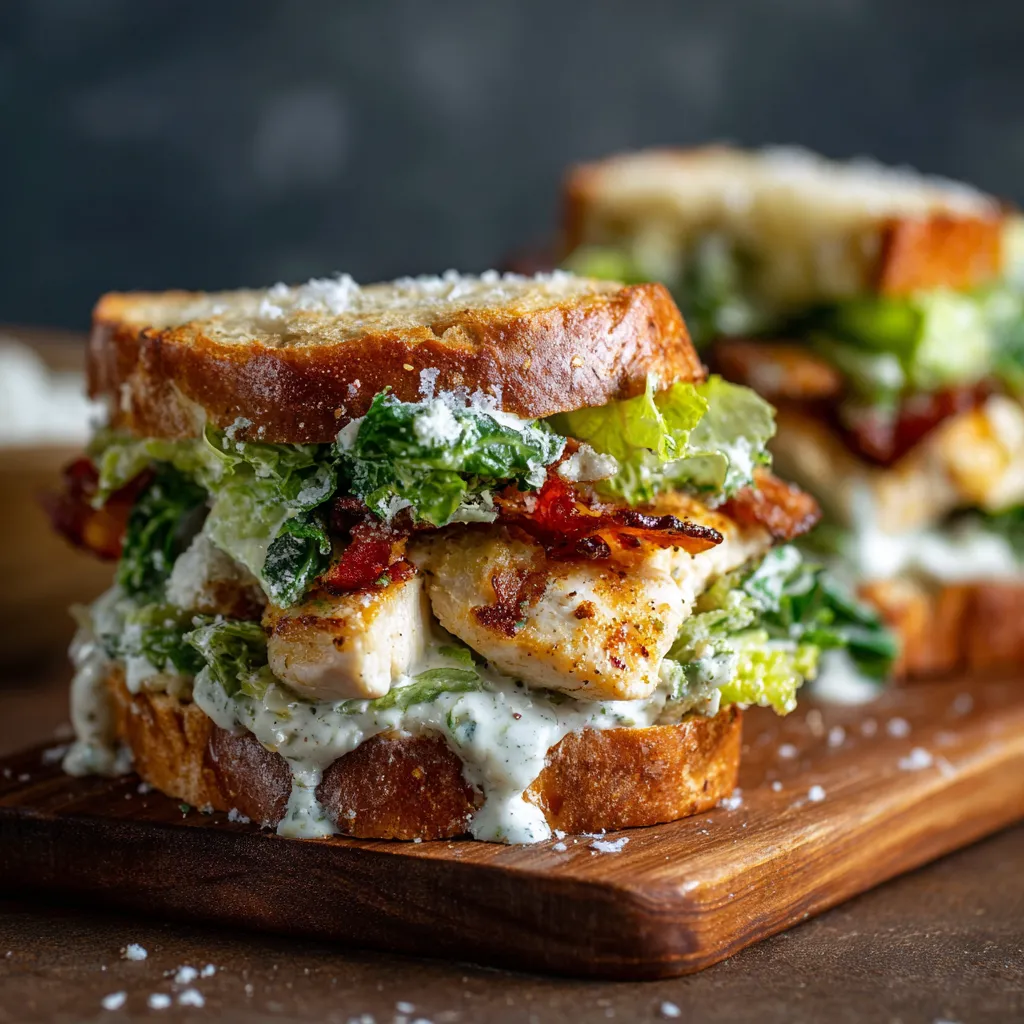 Two chicken Caesar sandwiches on a wooden table.