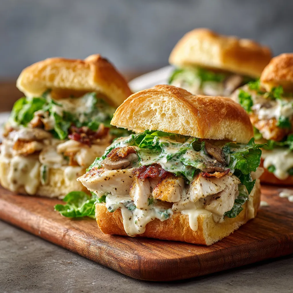 Two chicken Caesar sandwiches on a wooden table.