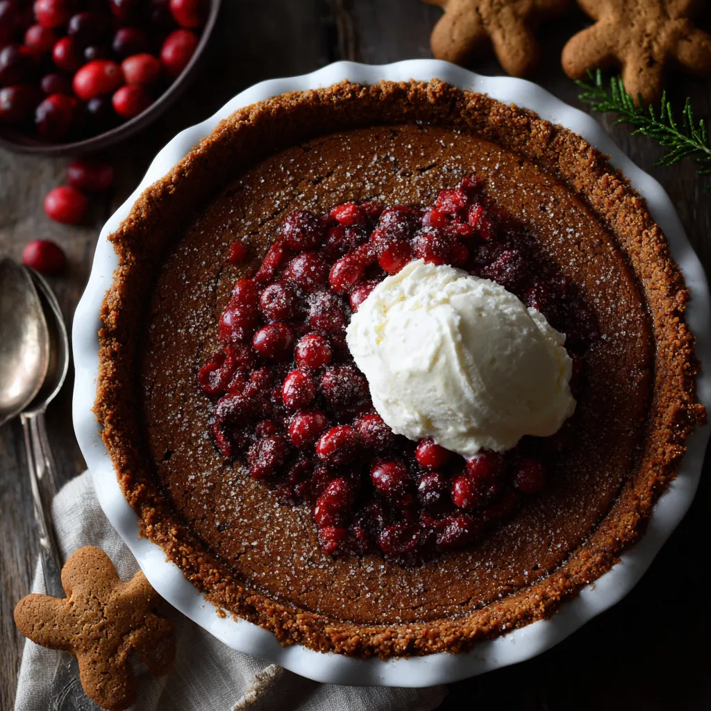 A slice of cranberry gingersnap pie with a scoop of ice cream on top.