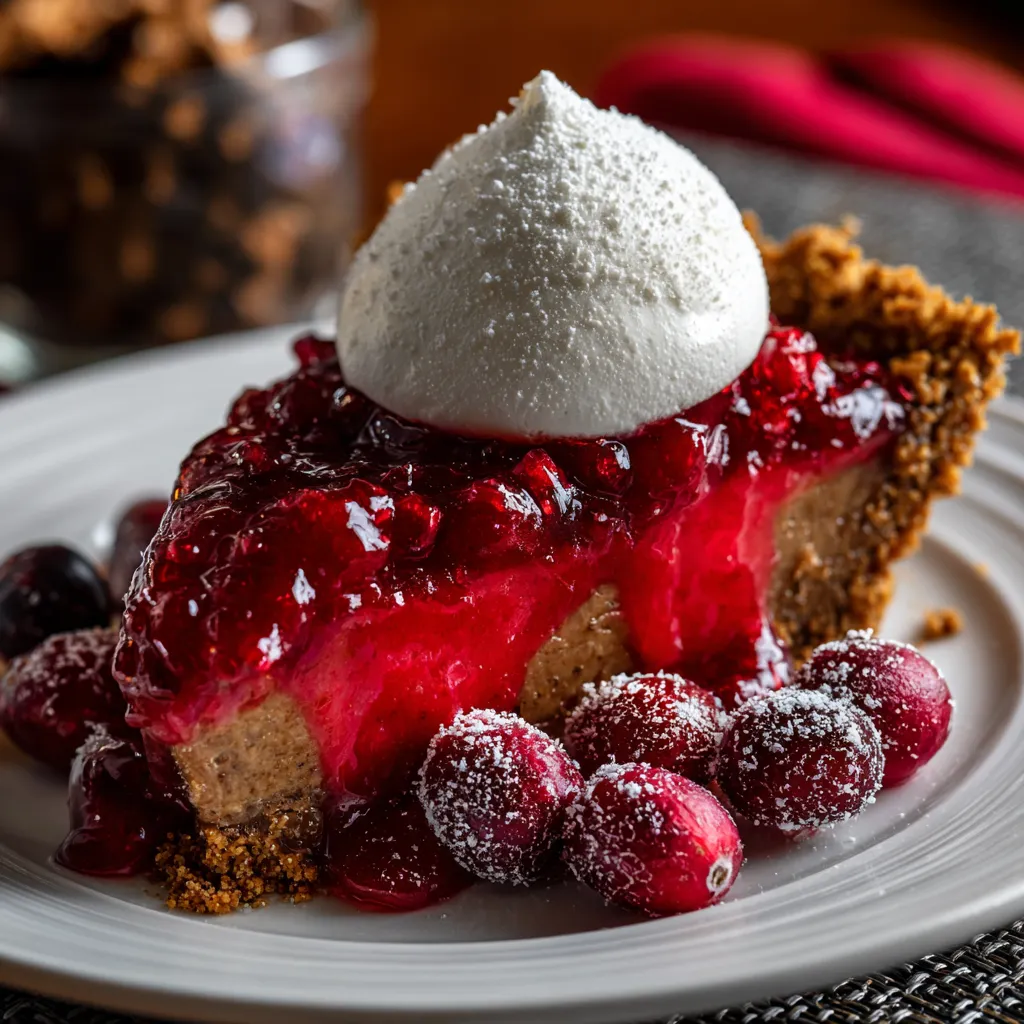 A slice of cranberry gingersnap pie with whipped cream on top.