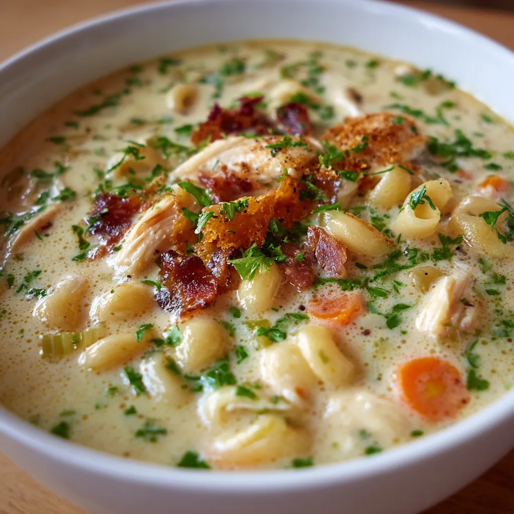 A bowl of creamy chicken macaroni cheese soup.