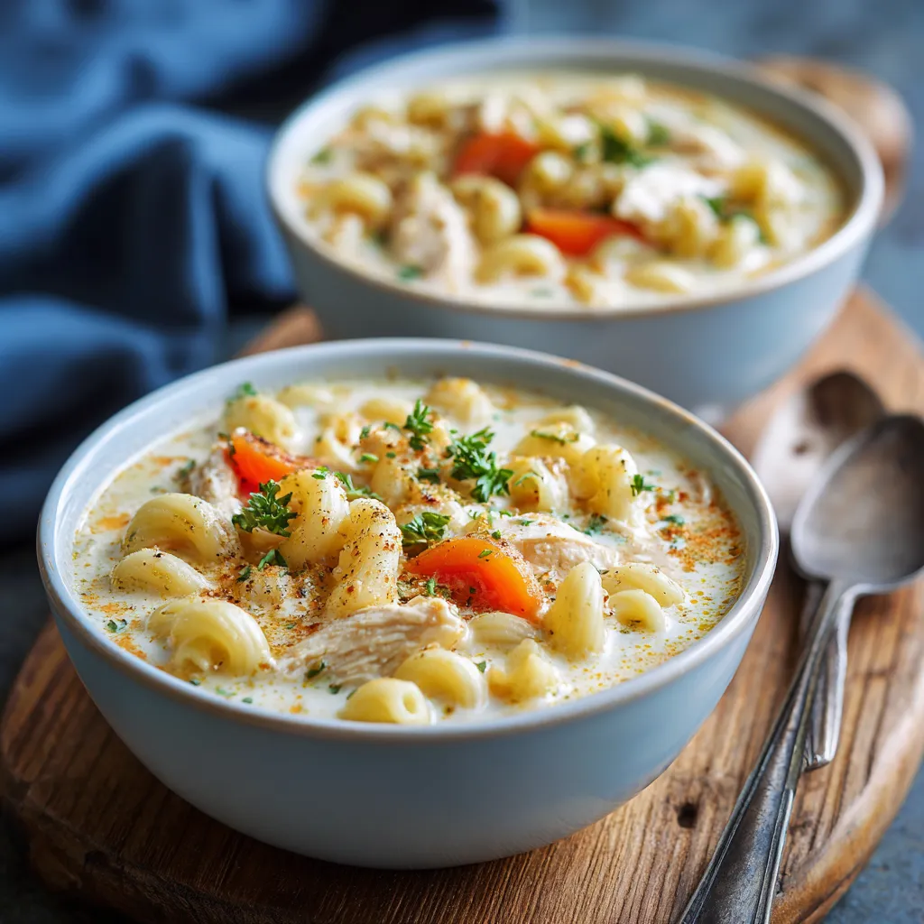 Two bowls of creamy chicken macaroni cheese soup.