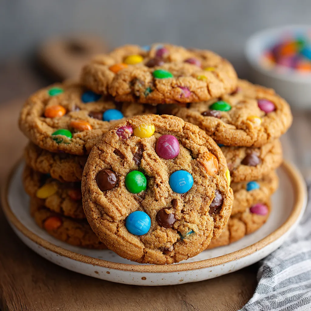 A stack of Biscoff M&M Cookie Butter Cookies.