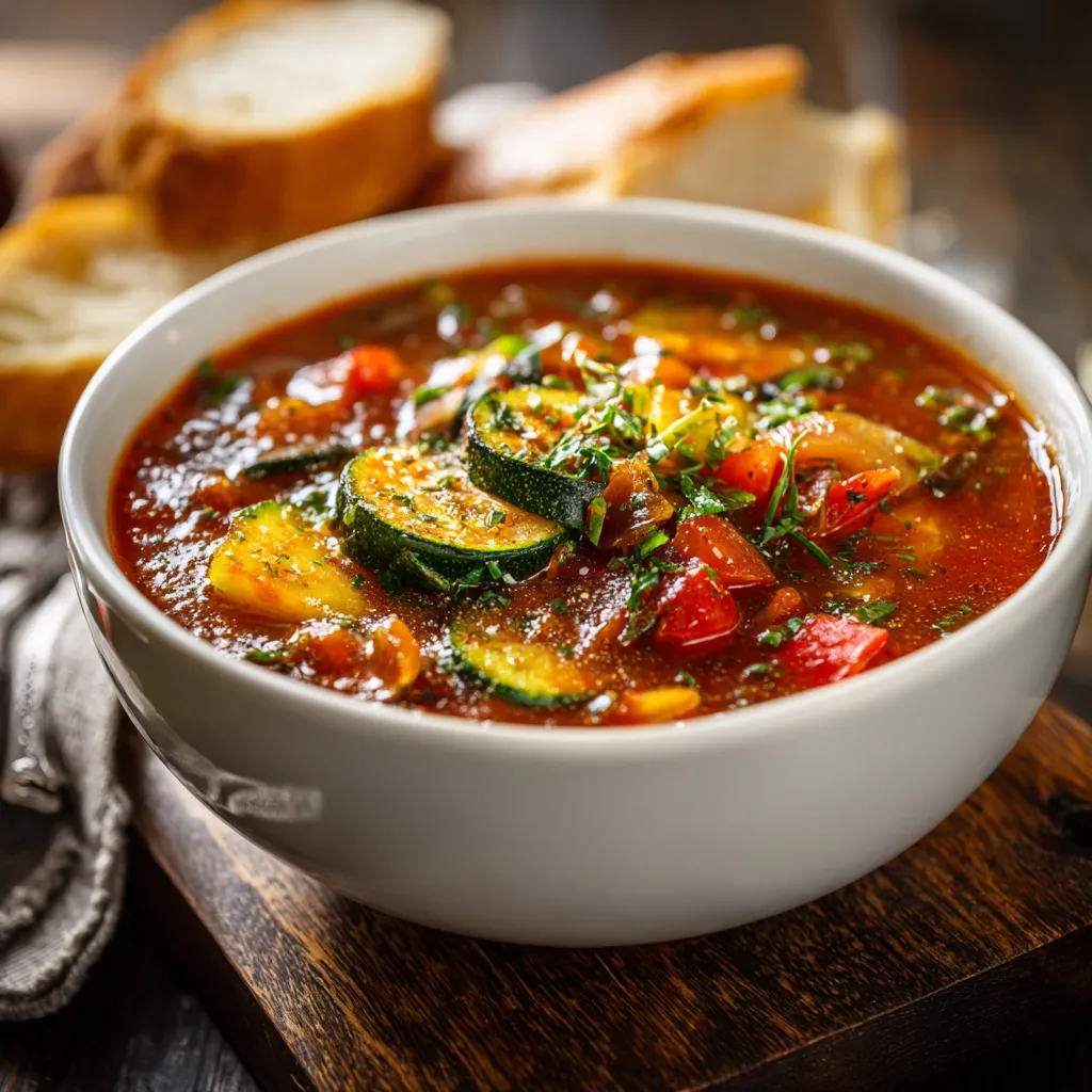 A bowl of soup with vegetables in it.