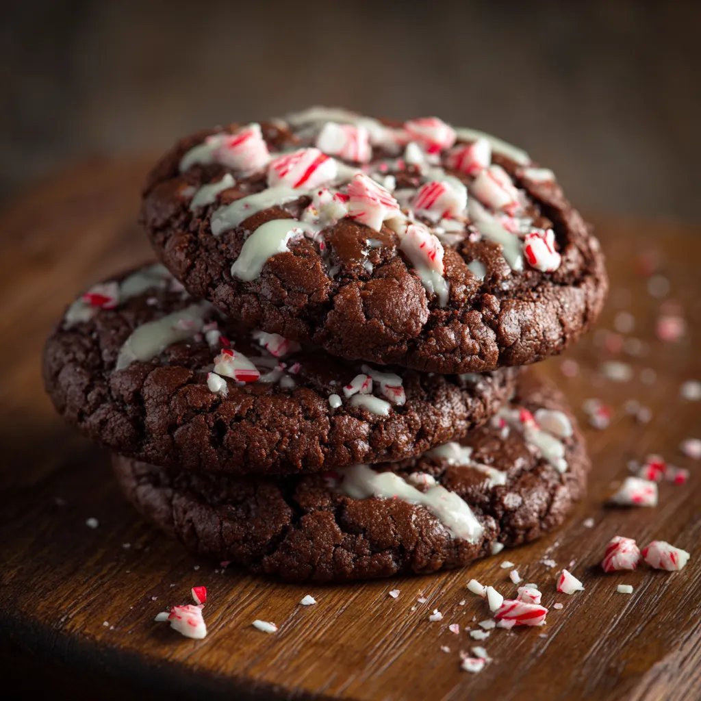 Peppermint brownie cookies stacked on a wooden table.