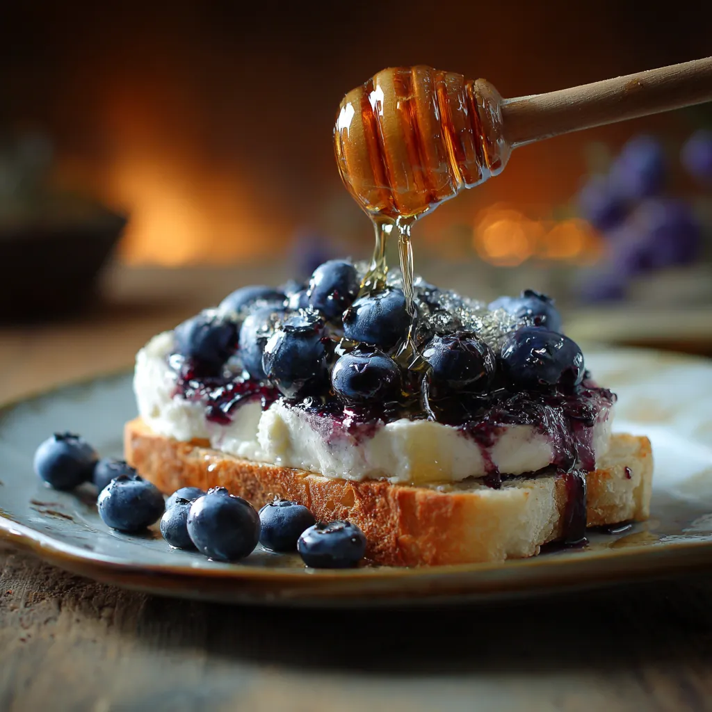 A plate of toast with blueberries and honey drizzled on top.
