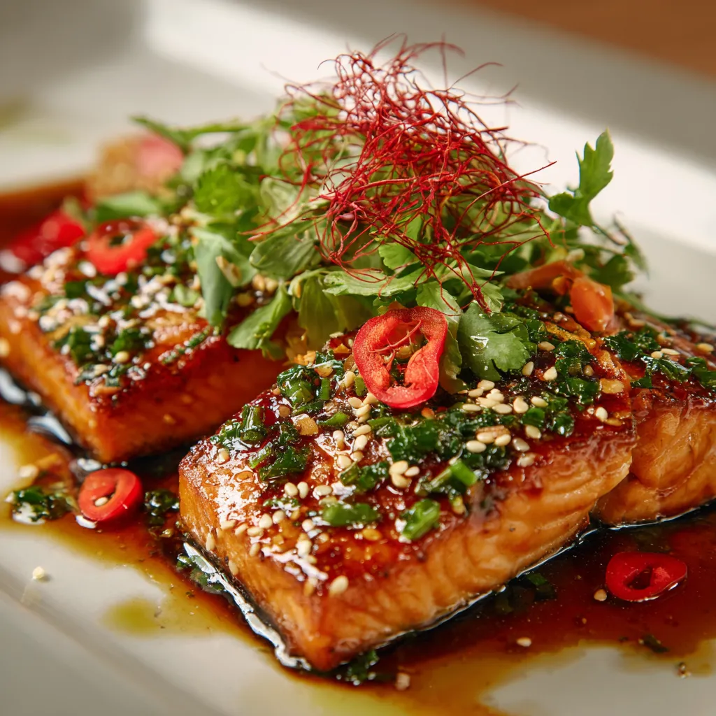 A plate of bang bang salmon with a garnish of red peppers.