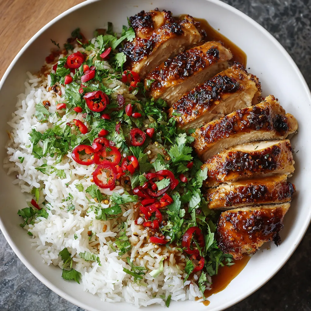 A plate of food with rice and chicken.