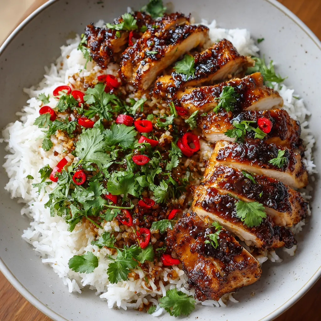 A plate of spicy maple chicken and coconut rice.