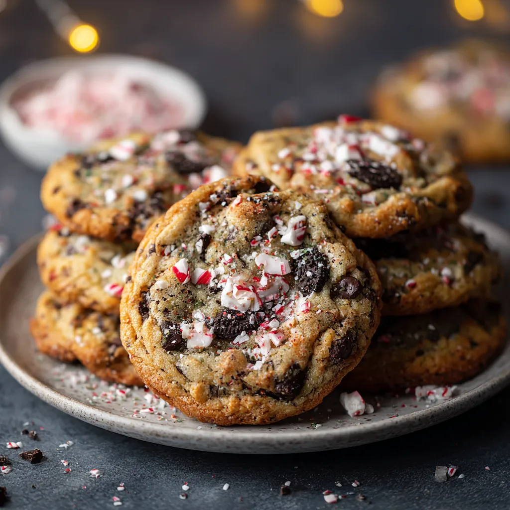 A plate of Oreo Peppermint Chocolate Chip Cookies.