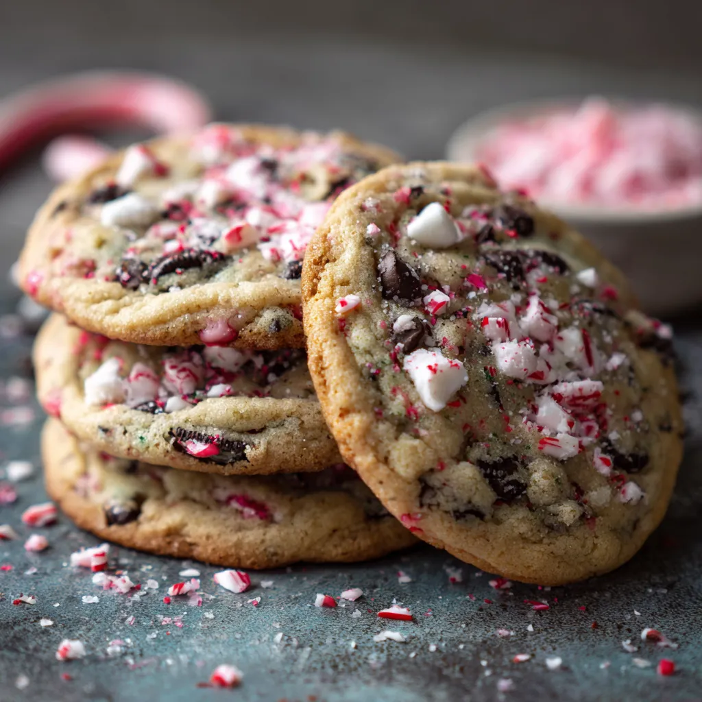 A stack of Oreo Peppermint Chocolate Chip Cookies.