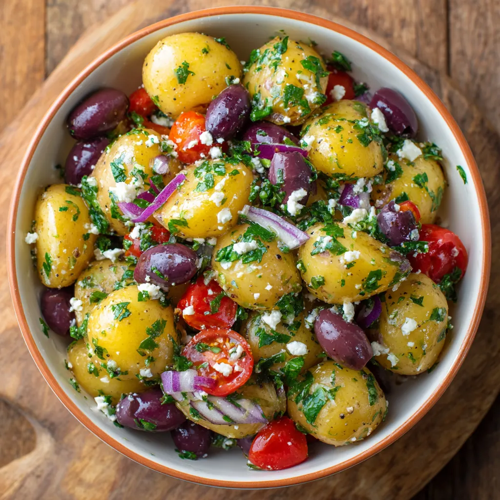 A bowl of olive and Greek potato salad.