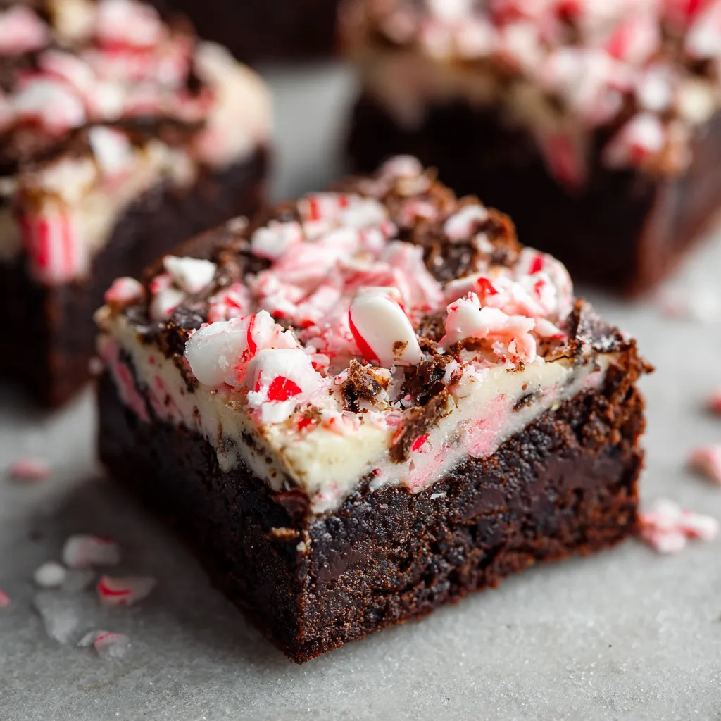 A close up of a peppermint bark brownie.