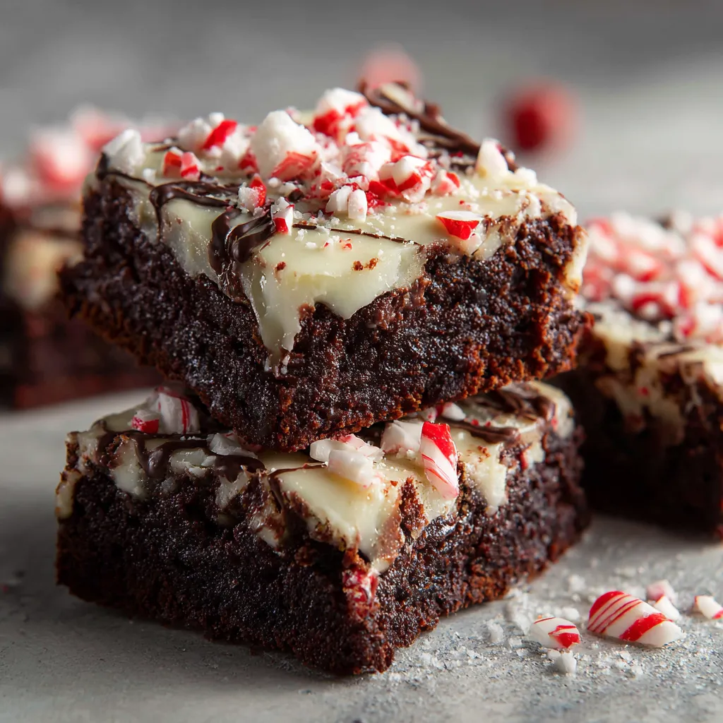 A stack of brownies with white frosting and red and white sprinkles.