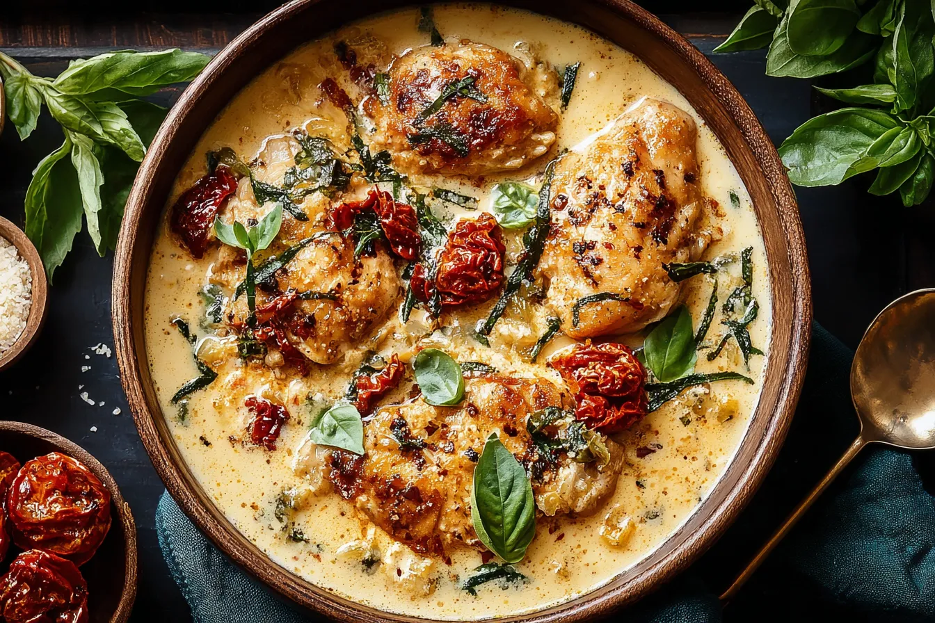 A bowl of food with a creamy sauce.