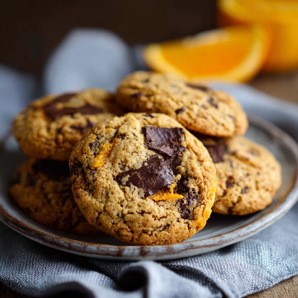 A plate of orange dark chocolate chunk cookies.