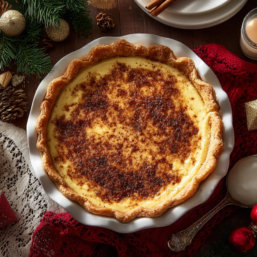 A pie with a golden brown crust and a creamy filling.