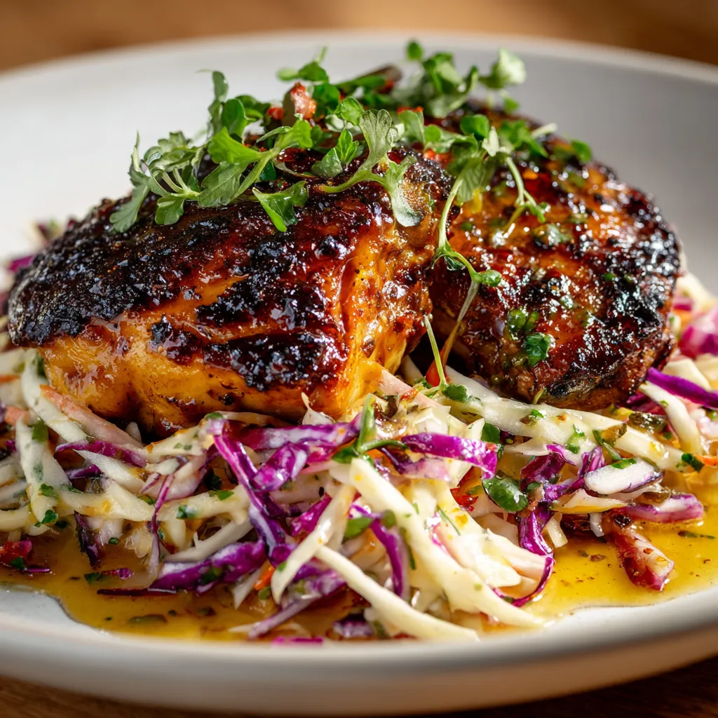 A plate of chicken with a sauce on top.