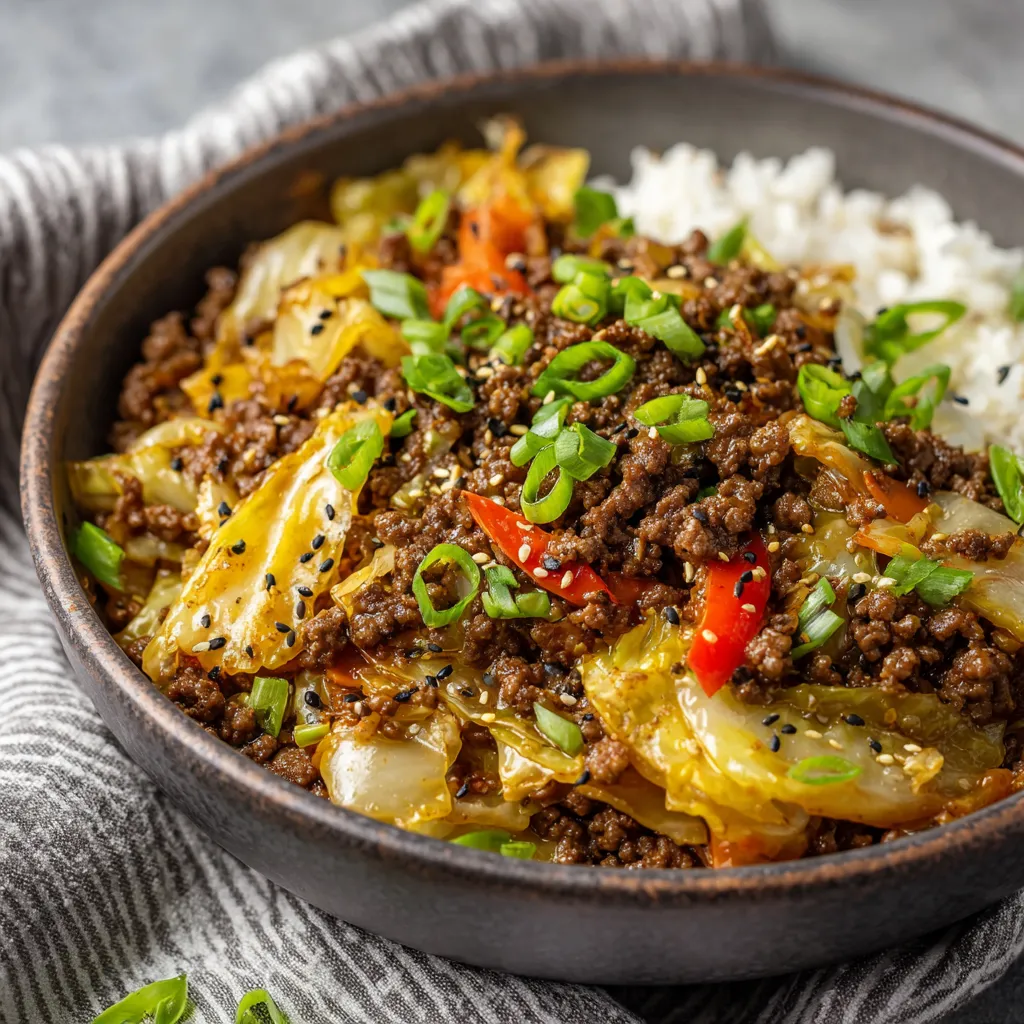 A bowl of low-carb Mongolian ground beef and cabbage.