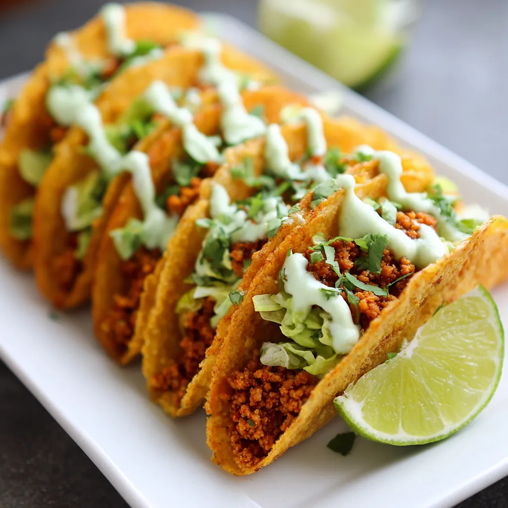A plate of crispy baked ground turkey tacos with avocado sauce.